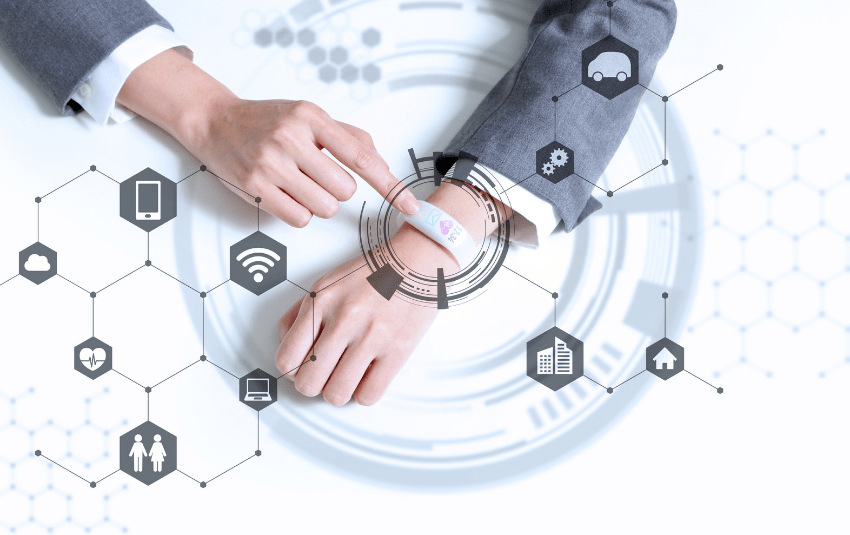 Man touching smartwatch on his wrist with many functions